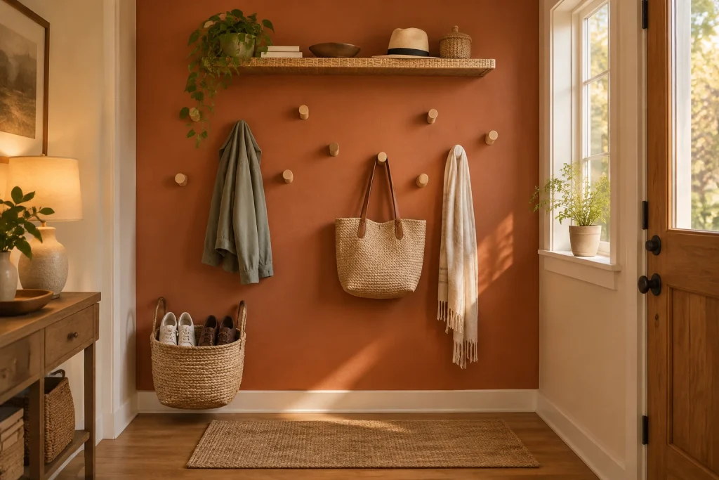 Statement Hook Wall with Layered Storage, boho-eclectic small foyer wall interior