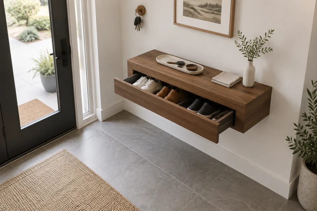 Floating Slim Console with Pull-Out Shoe Drawer, modern-organic compact apartment entry interior