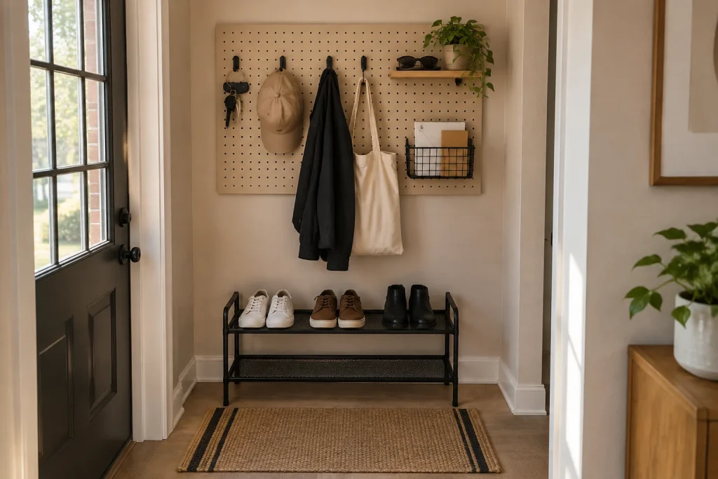 Renter-Friendly Pegboard Organizer and Stackable Shoe Rack, casual modern, budget-friendly small apartment alcove interior