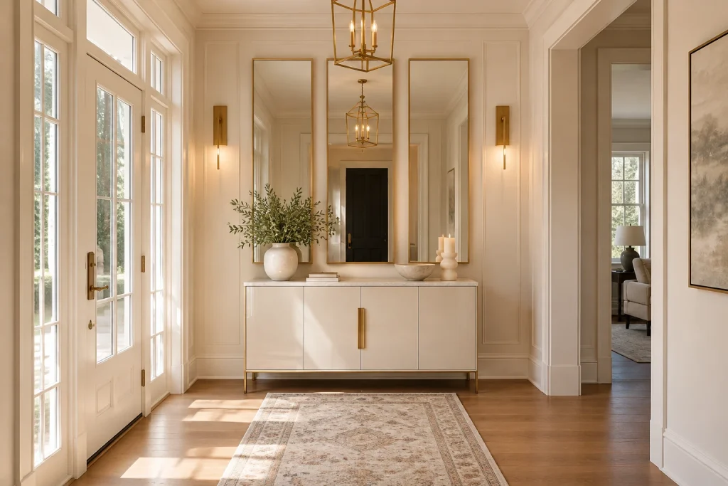 Mirrored Wall with Slim Credenza to Double Light, small-glam, reflective bright foyer interior