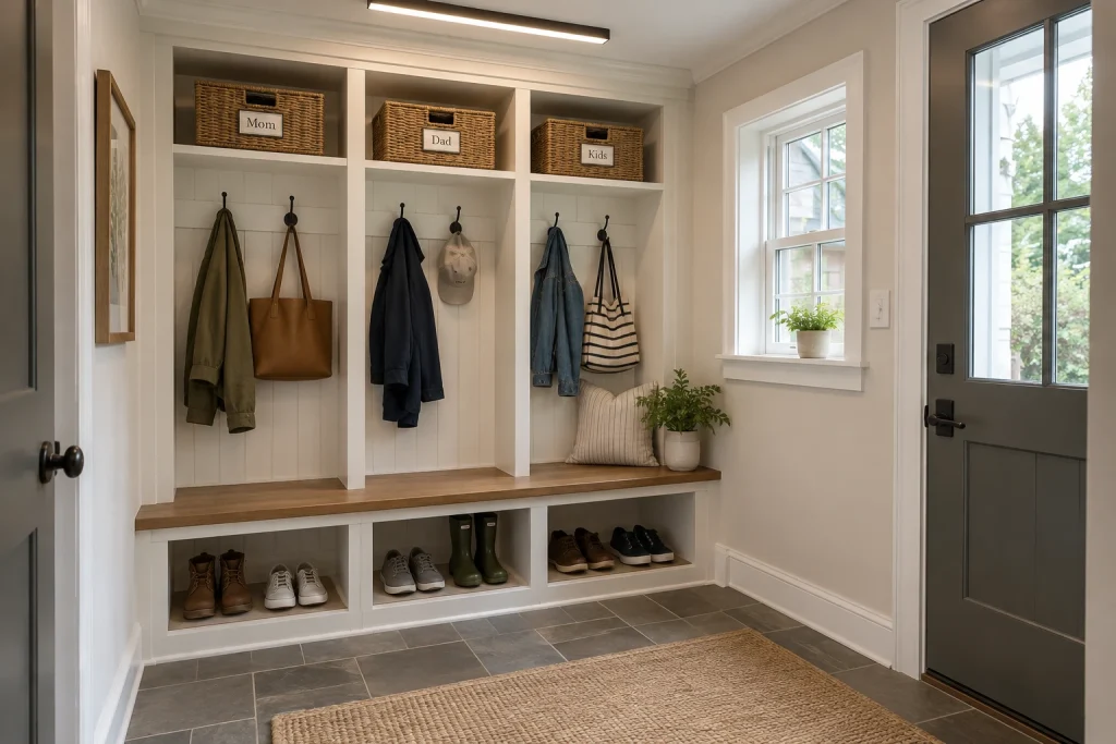 Mudroom-Style Lockers for a Compact Family Entry, modern farmhouse small side entry/mudroom interior