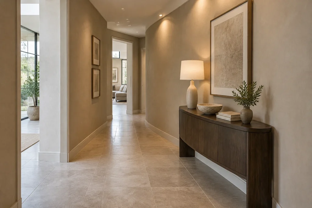 Sculptural Curved Console in Narrow Curved Hall, contemporary-minimal narrow curved corridor entry interior