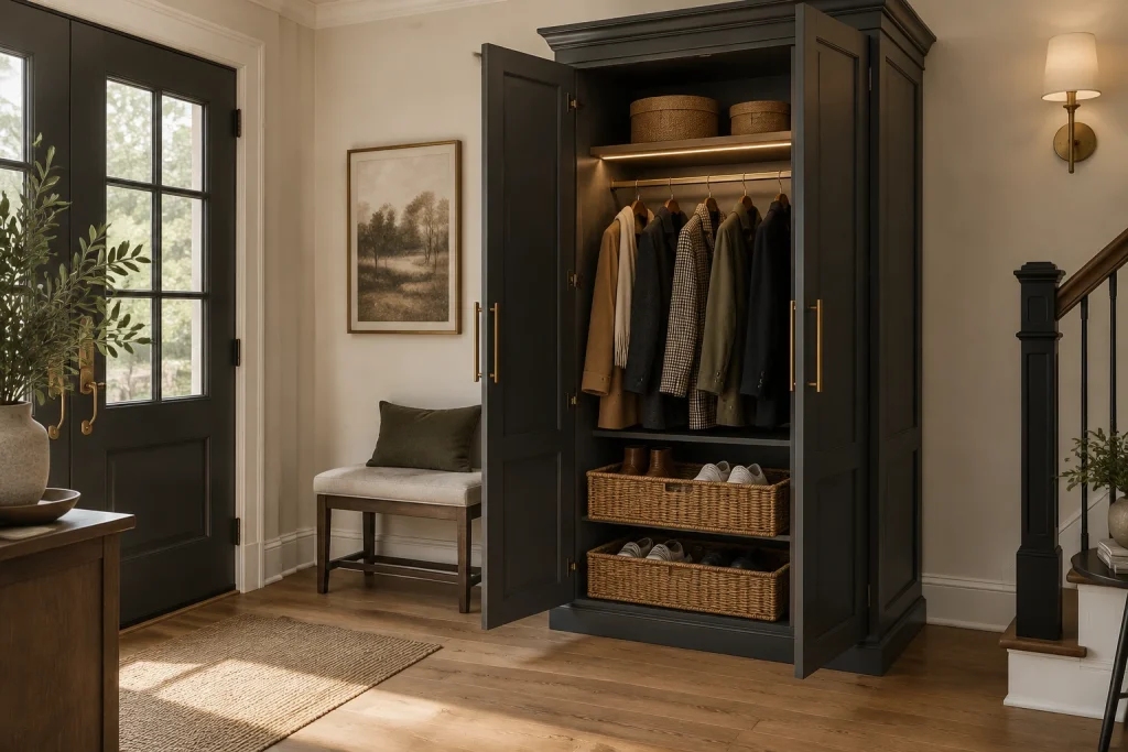 Hidden Storage Armoire for a Chic Concealed Entry Closet, modern classic, moody small foyer with standalone armoire interior