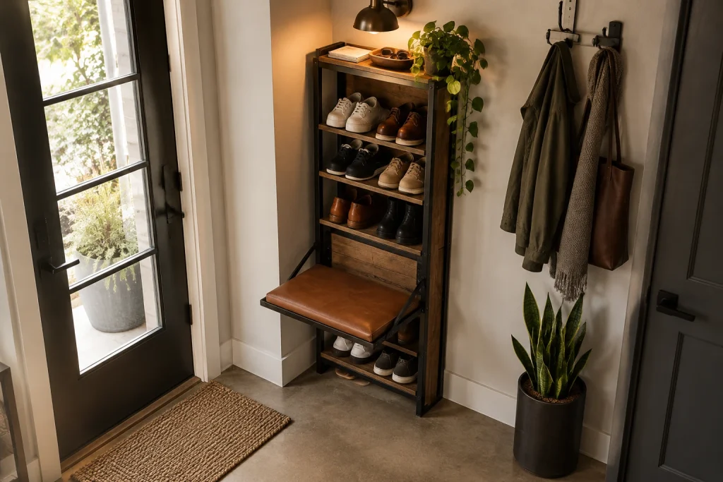 Vertical Shoe Tower with Flip-Down Bench for Tiny Urban Entry, industrial-luxe micro-entry very small apartment entry interior