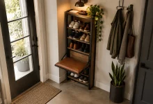 Vertical Shoe Tower with Flip-Down Bench for Tiny Urban Entry, industrial-luxe micro-entry very small apartment entry interior
