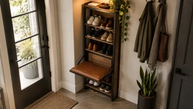 Vertical Shoe Tower with Flip-Down Bench for Tiny Urban Entry, industrial-luxe micro-entry very small apartment entry interior