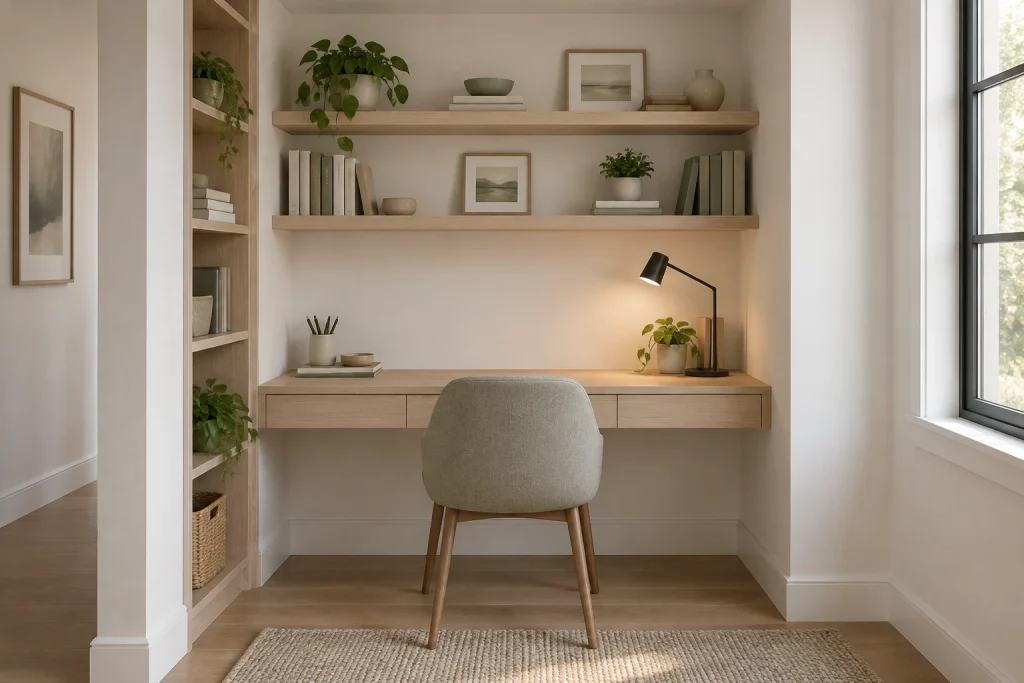 Built-in alcove: floating desk with styled open shelving, Scandinavian modern small alcove / built-in niche interior