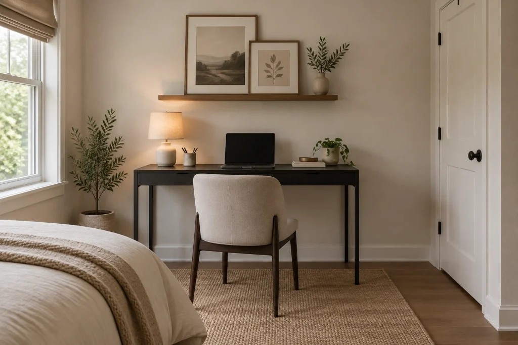 Minimal art ledge backdrop for a compact bedroom desk, Minimal contemporary small spare bedroom desk area interior