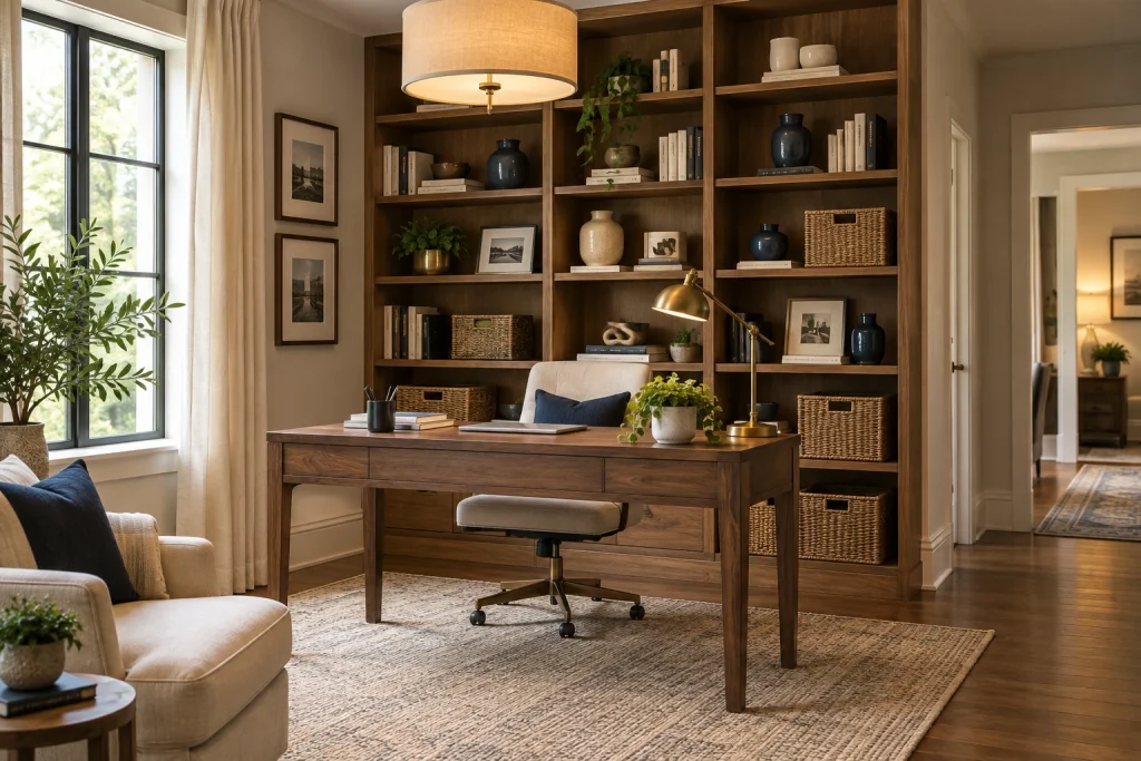 Full-height styled bookcase as a textured professional backdrop, Warm modern living room corner converted to office interior