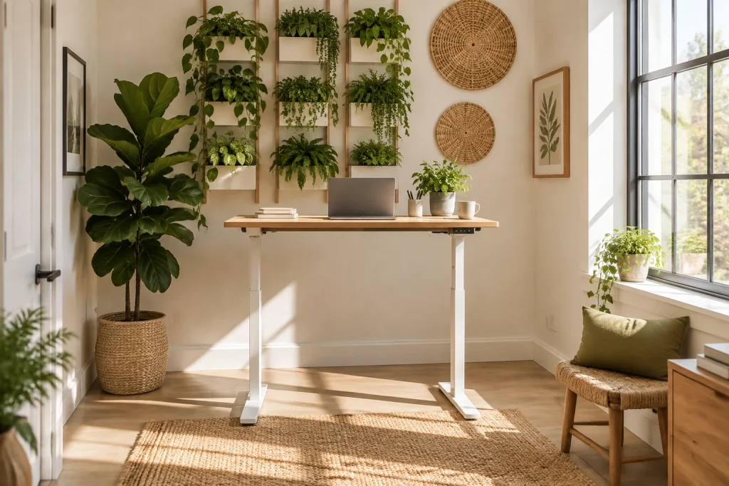 Biophilic plant wall with natural textures, Modern organic / biophilic corner home office near a window interior