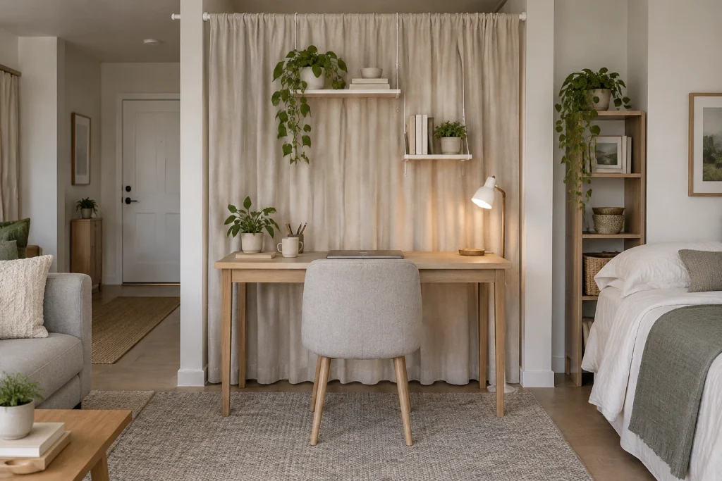 Renter-friendly linen curtain and clip-on shelving system, Budget-friendly, soft layered studio apartment living area interior