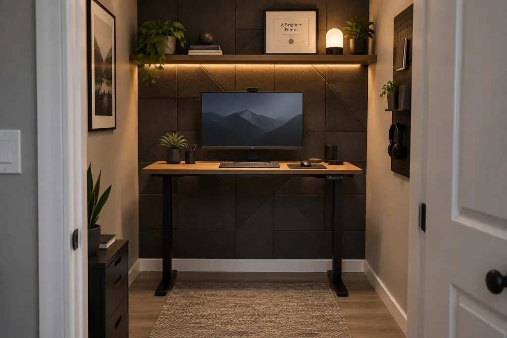 Converted closet 'cloffice' with acoustic panel array, Functional professional small converted closet office (cloffice) interior