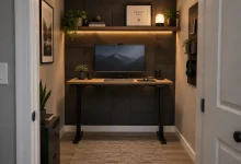 Converted closet 'cloffice' with acoustic panel array, Functional professional small converted closet office (cloffice) interior