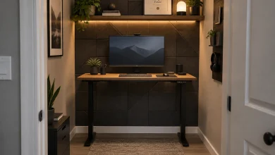 Converted closet 'cloffice' with acoustic panel array, Functional professional small converted closet office (cloffice) interior