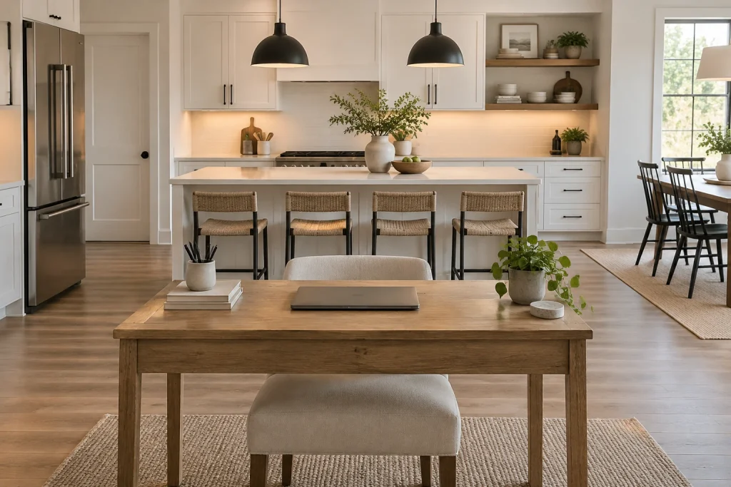 Open-plan kitchen backdrop that reads tidy and professional, Contemporary casual open-plan kitchen/dining seen behind a small desk interior