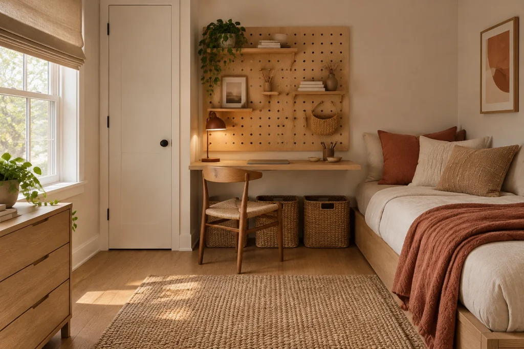Cozy bedroom workspace with integrated pegboard and textiles, Japandi cozy small bedroom corner interior