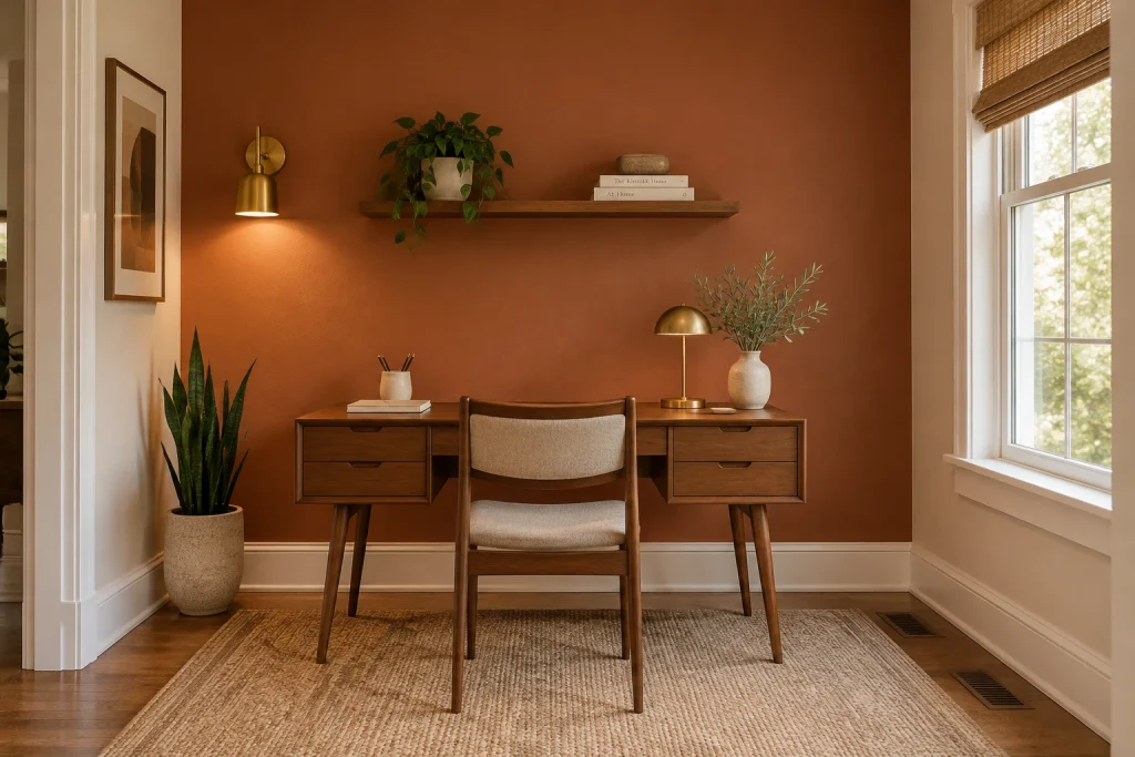 Bold accent painted wall with minimal shelving and sconce, Mid-century modern repurposed dining alcove as office interior