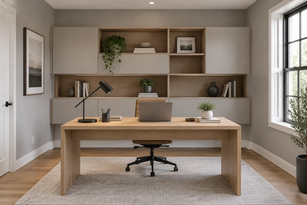 Premium decluttered backdrop with floating modular storage, Modern premium dedicated small home office interior