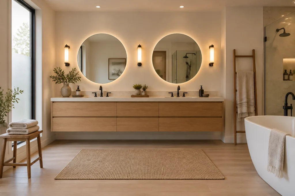 Backlit Round Mirrors + Warm Sconces for a Balanced Glow, Modern organic Master bathroom, double vanity interior