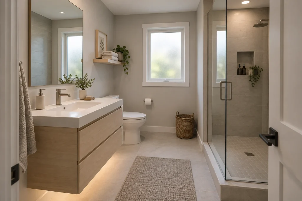 Under-Vanity LED Glow for Floating Soft Light in a Small Bathroom, Minimal Scandinavian Compact full bath with shower interior
