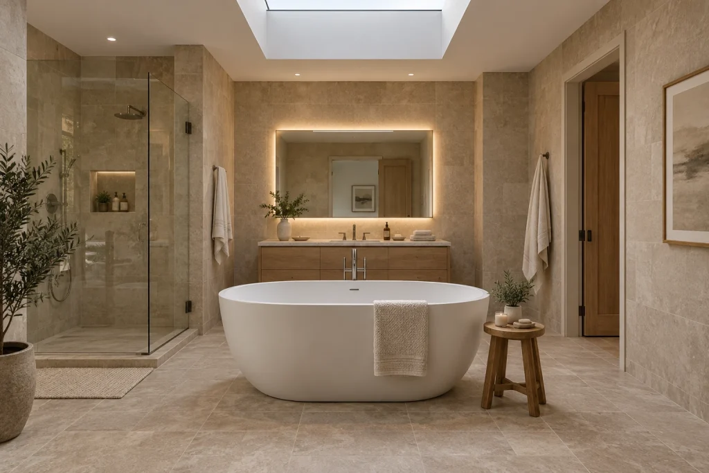 Skylight-Enhanced Soaking Tub with Fog-Resistant Mirror, Contemporary spa Primary bathroom with soaking tub and vanity interior