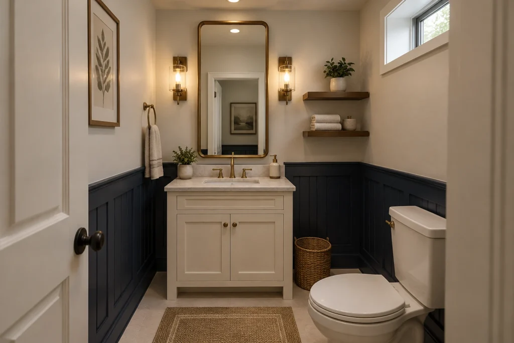 Narrow Powder Room with Vertical Mirror and Soft Side Sconces, Modern farmhouse Powder room / half bath interior