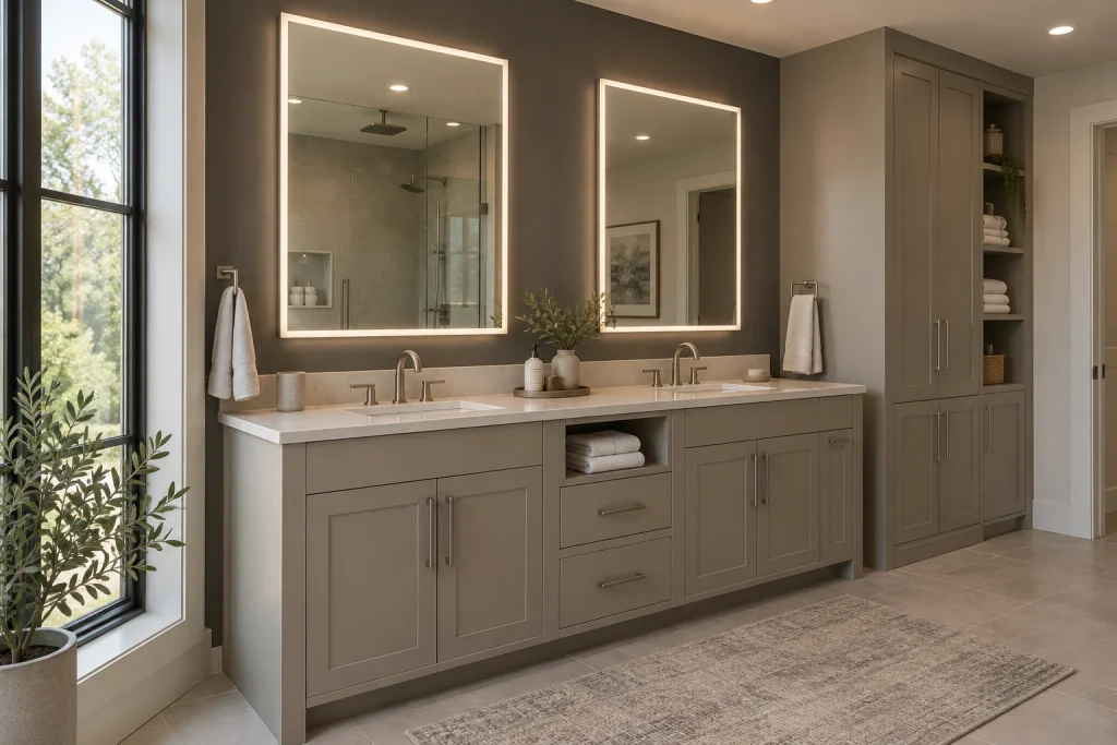 Smart Color-Temperature Mirror for Tunable Warmth, Contemporary premium Double vanity en suite interior