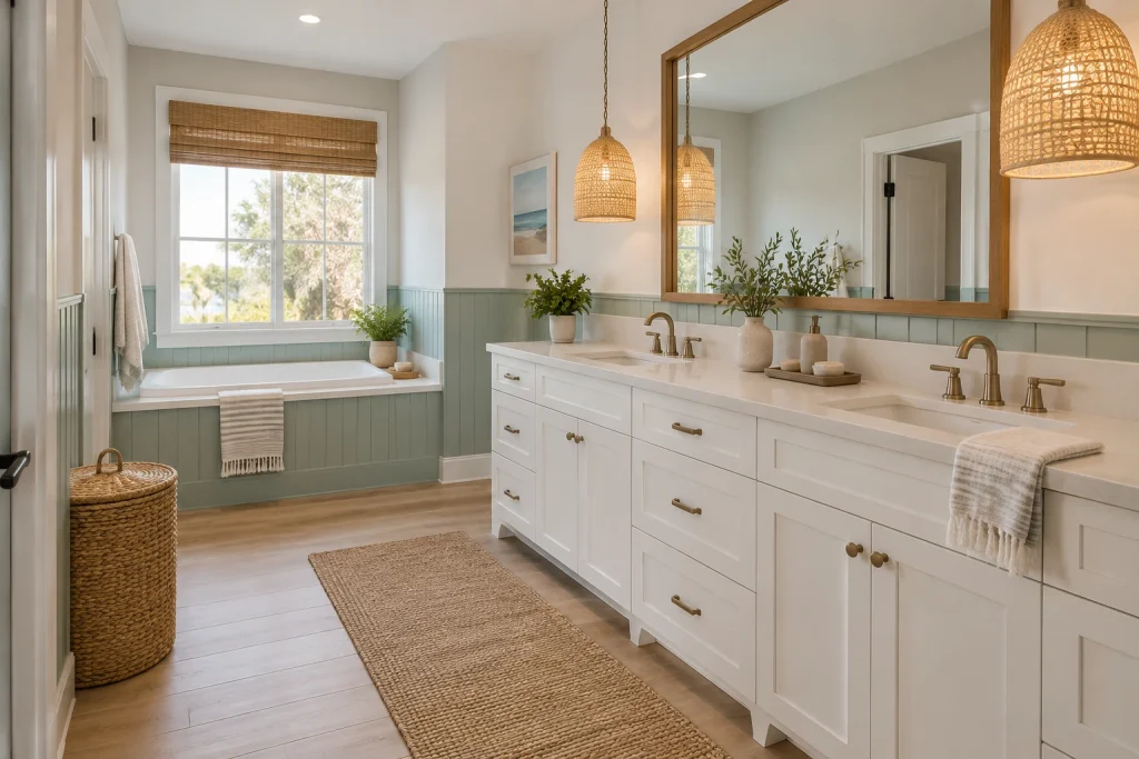 Pendant Lights Flanking a Large Mirror for Coastal Warmth, Coastal modern Family bathroom with long single vanity interior