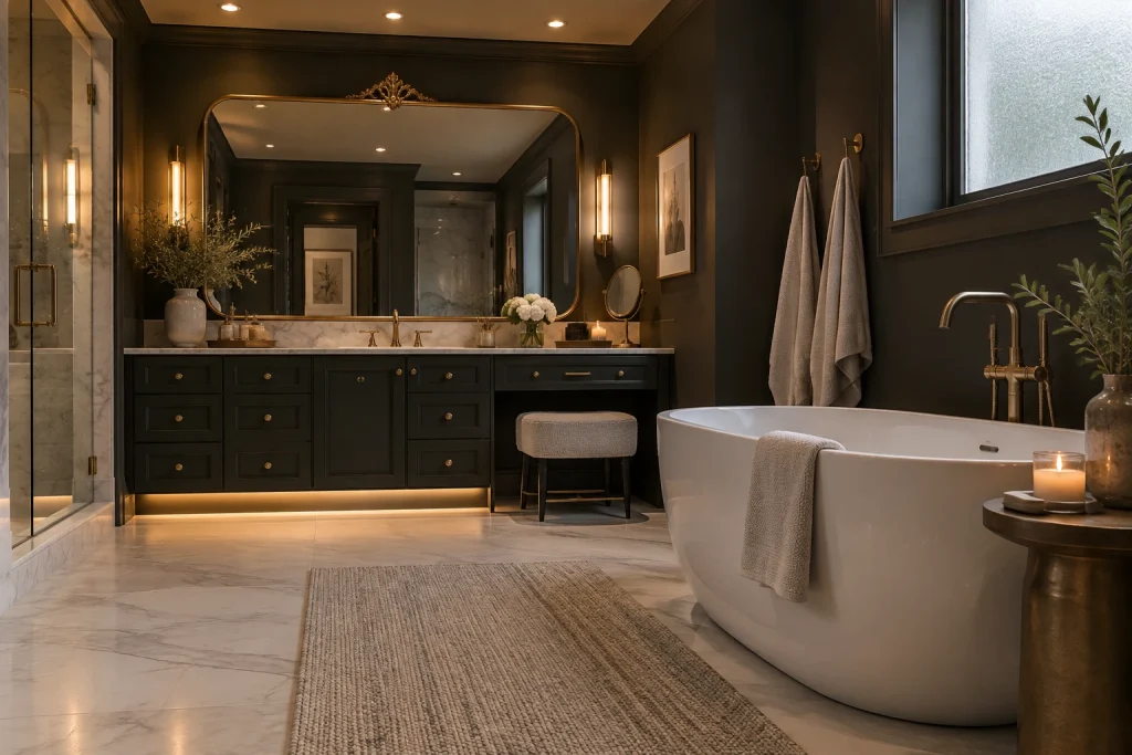 Antique Brass Mirror and Layered Recessed Lighting for Boutique Mood, Boutique-luxury Primary bath with freestanding tub and makeup area interior