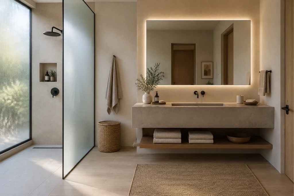 Frosted Glass Privacy Window + Backlit Mirror for Diffused Daylight, Modern organic minimal Ensuite with shower and vanity interior
