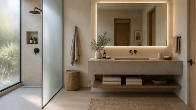 Frosted Glass Privacy Window + Backlit Mirror for Diffused Daylight, Modern organic minimal Ensuite with shower and vanity interior