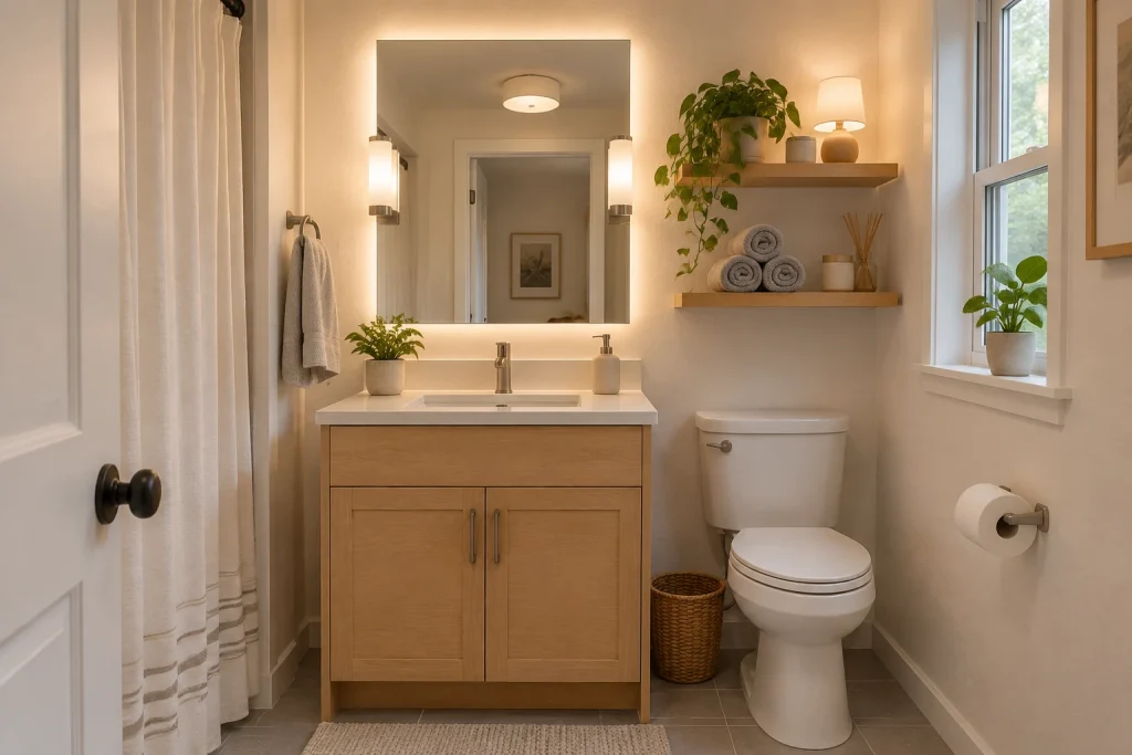 Renter-Friendly Soft Lighting with Clip-On Sconces and Stick-On LEDs, Affordable modern Small apartment bathroom / powder interior