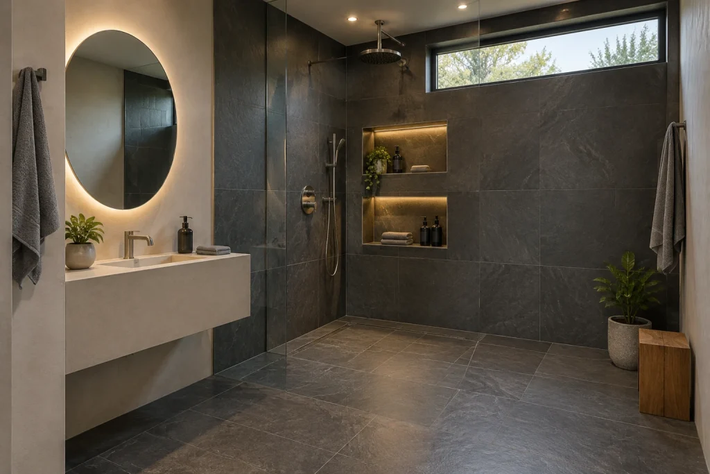 Wet Room with Mirror Niches and Waterproof Recessed LEDs, Minimal modern wet room Curbless wet room shower combined with vanity interior