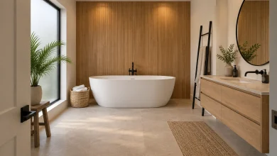 Freestanding tub and oak paneled wall, Modern organic Full bathroom with freestanding tub interior