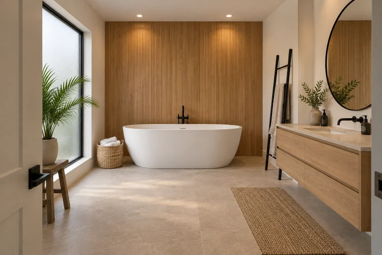 Freestanding tub and oak paneled wall, Modern organic Full bathroom with freestanding tub interior