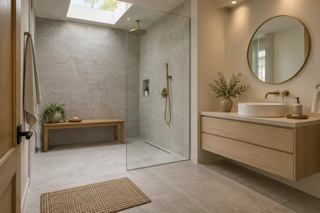 Walk-in wet room with teak bench, Scandi-Japandi Wet-room shower with continuous flooring interior