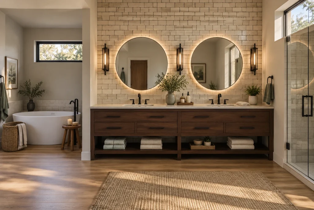 Double vanity with dark wood and textured tile, Contemporary rustic Master bathroom with double vanity and separate tub interior