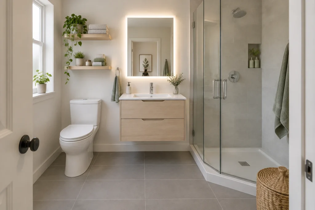 Compact renter-friendly spa vanity, Minimal Scandinavian Small apartment bathroom with single vanity interior