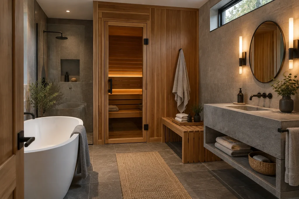 Stone-and-wood sauna-adjacent bathroom, Nordic retreat Bathroom next to home sauna with steam-proof finishes interior