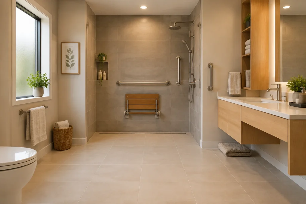 Shower-forward layout for accessible design, Warm transitional accessible Barrier-free bathroom with wide shower and accessible features interior