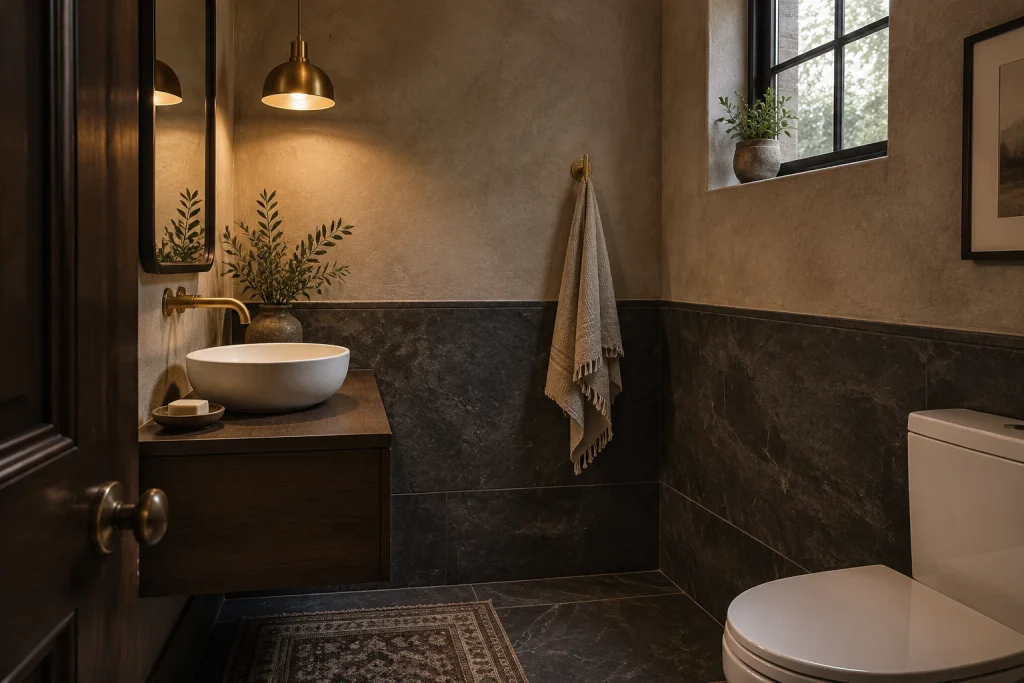 Dark, moody wood and stone powder room, Modern rustic powder room Half-bath/powder room with dramatic finishes interior