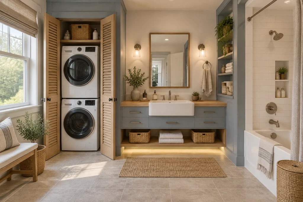 Integrated laundry and spa bath, Practical modern farmhouse Combined full bathroom with laundry stacking unit interior