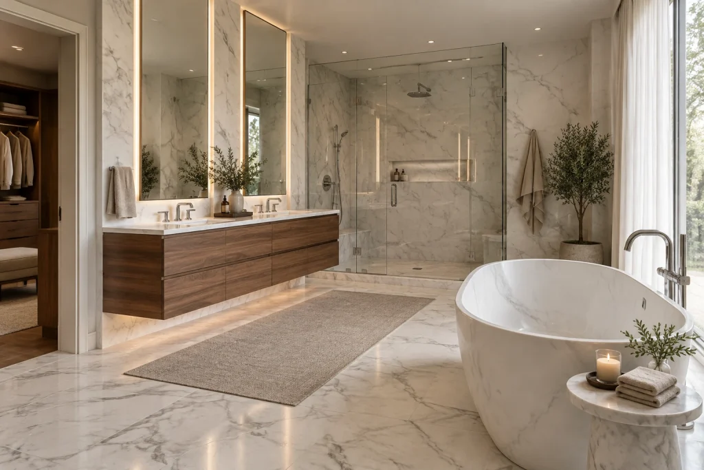 Luxury hotel-inspired marble and walnut, Contemporary luxe Master bathroom with marble and walnut features interior