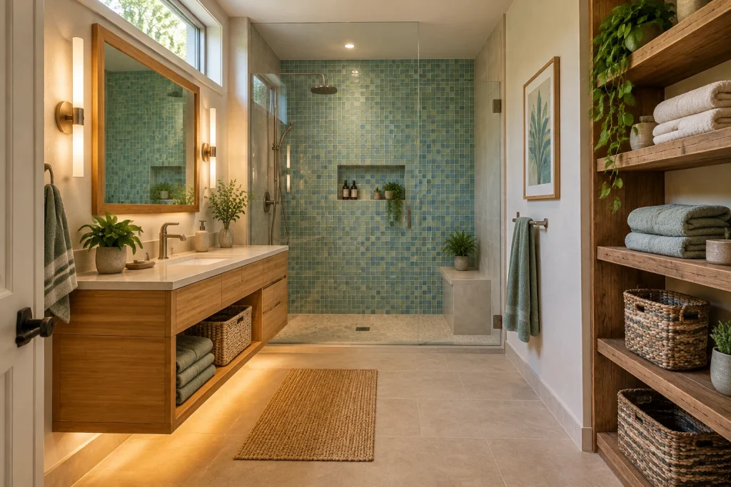 Eco-friendly bamboo and recycled tile bathroom, Sustainable modern Full bathroom emphasizing recycled materials interior