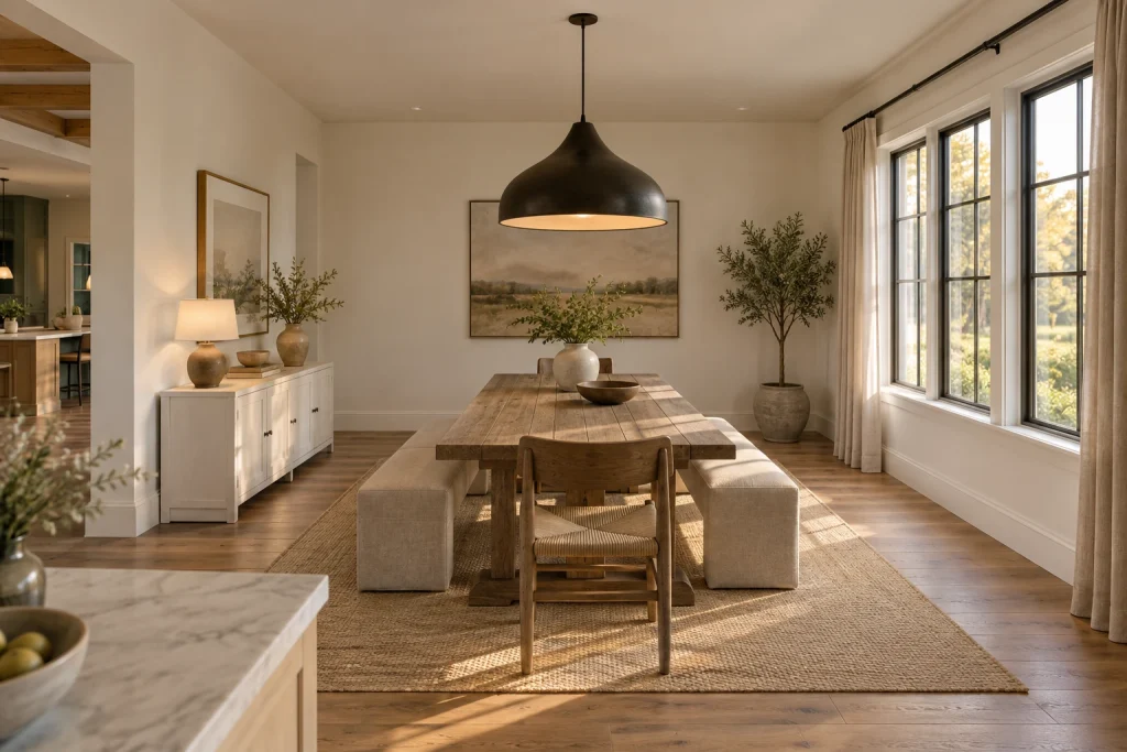 Oversized single pendant as sculptural focal point over long farmhouse table, Modern farmhouse Formal dining room with open-plan connection to kitchen interior