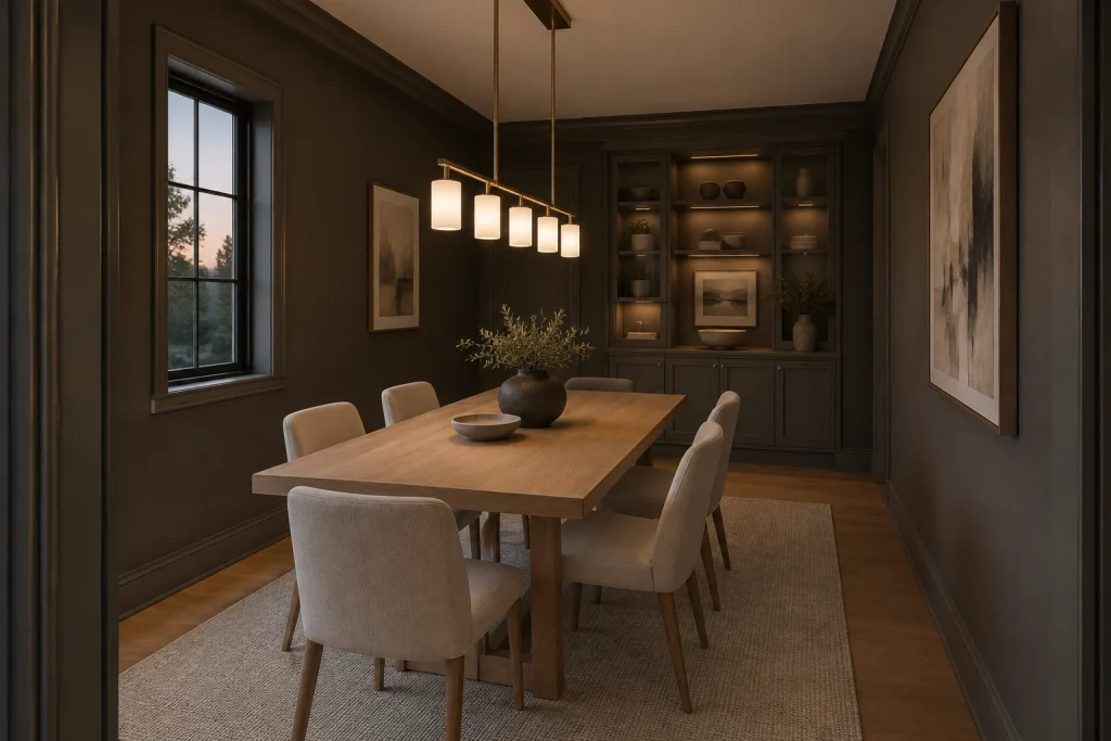 Linear multi-light chandelier anchoring a rectangular table in a narrow dining room, Contemporary minimal Narrow formal dining room interior