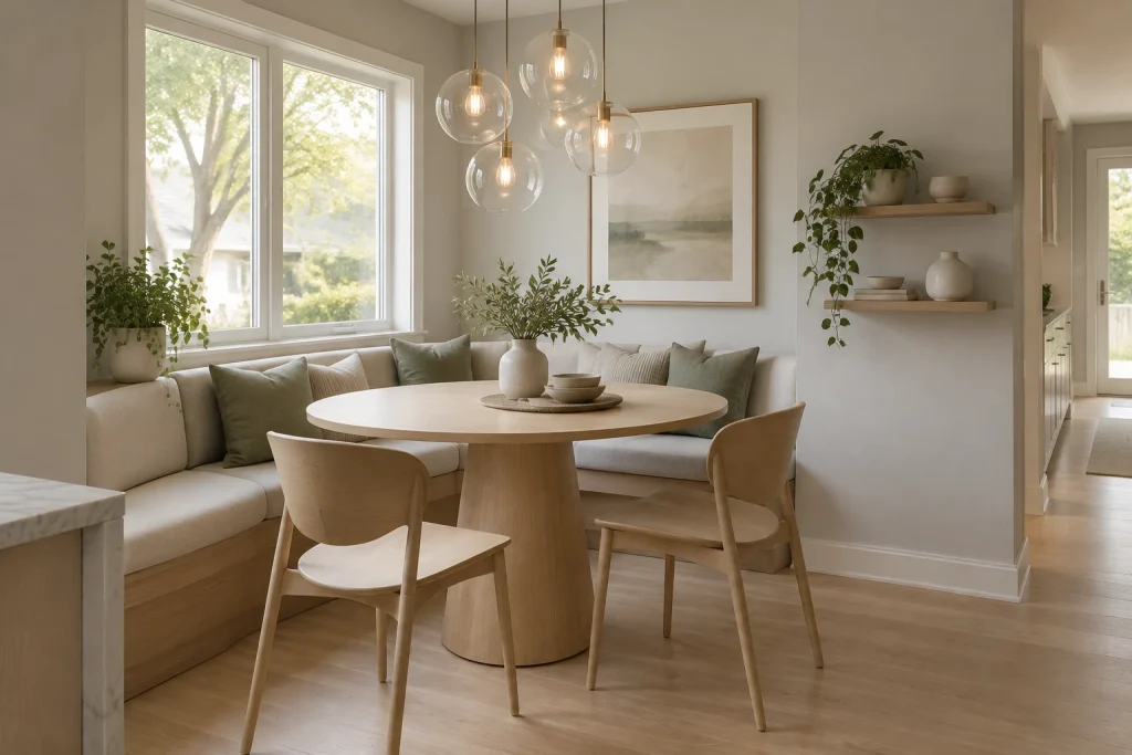 Cluster of glass globes above a round table in a cozy apartment dining nook, Scandinavian / Japandi Small open-plan dining nook interior