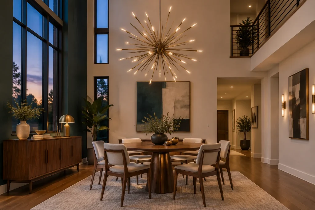 Sculptural metal chandelier over a circular table in a high-ceiling dining room, Mid-century modern with contemporary metals Double-height dining room interior