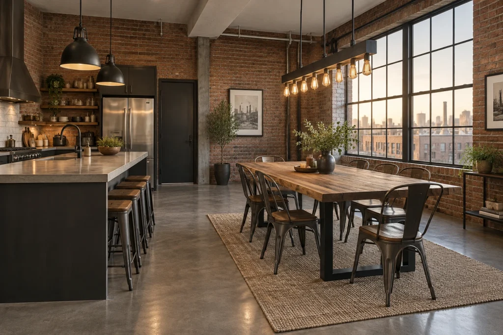 Industrial linear fixture paired with a mixed-material table in a loft dining zone, Industrial loft Open-plan loft dining area interior