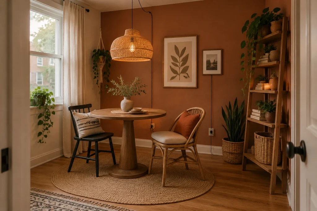 Low-hung organic pendant layered over a small bistro table in a budget-friendly renter setup, Boho eclectic, renter-friendly Small apartment dining corner interior